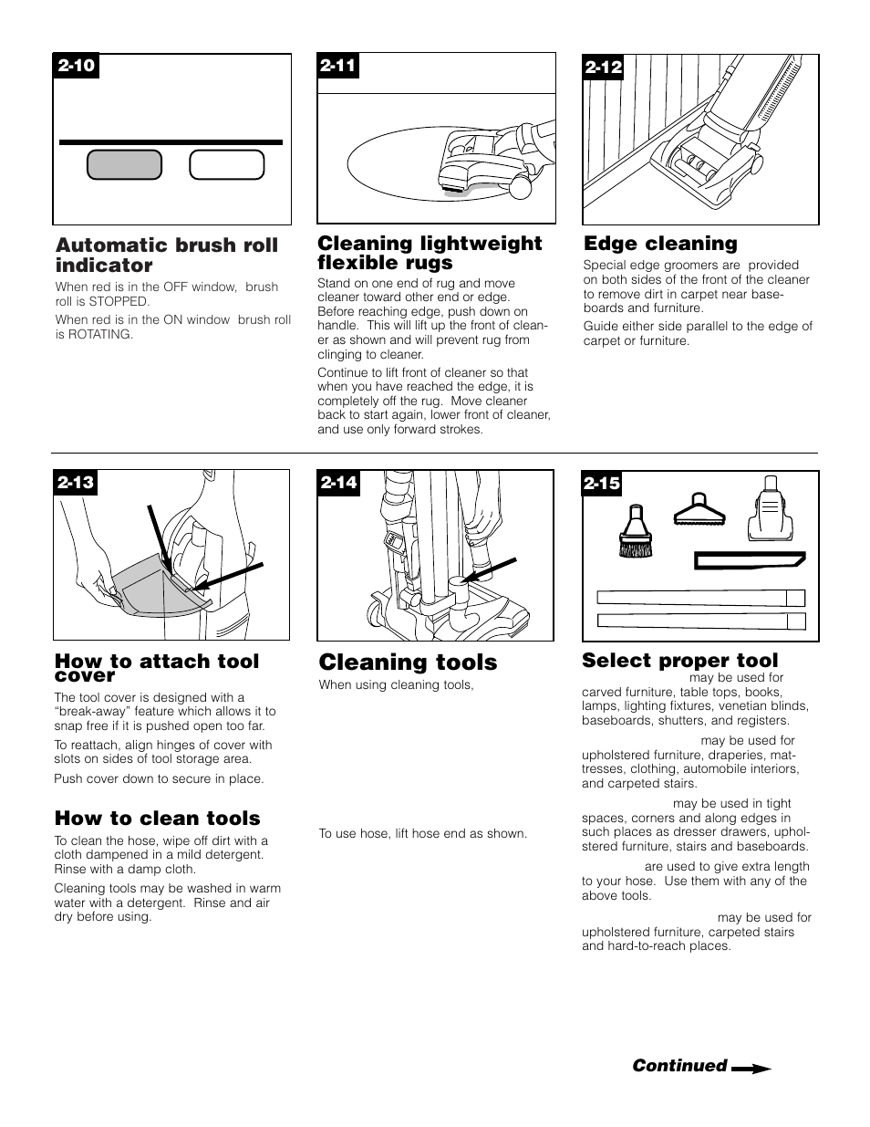 Cleaning tools, Automatic brush roll, Automatic brush roll indicator | On off, Cleaning lightweight flexible rugs, Edge cleaning, How to attach tool cover, How to clean tools, Select proper tool | Hoover WindTunnel Self-Propelled Powered Hand Tool User Manual | Page 7 / 32