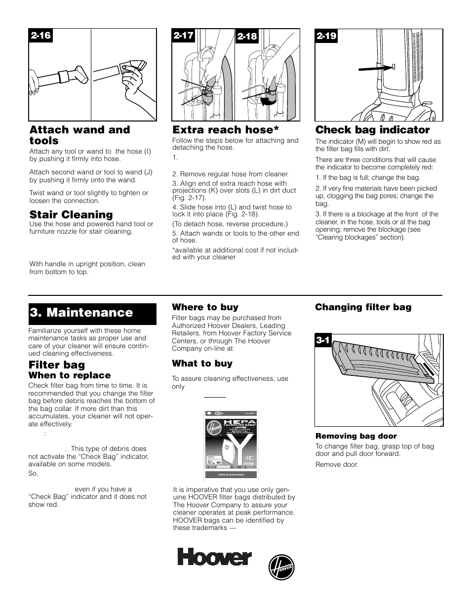 Maintenance, Check bag indicator, Filter bag | Attach wand and tools, Stair cleaning, Extra reach hose | Hoover WindTunnel Self-Propelled Powered Hand Tool User Manual | Page 8 / 32