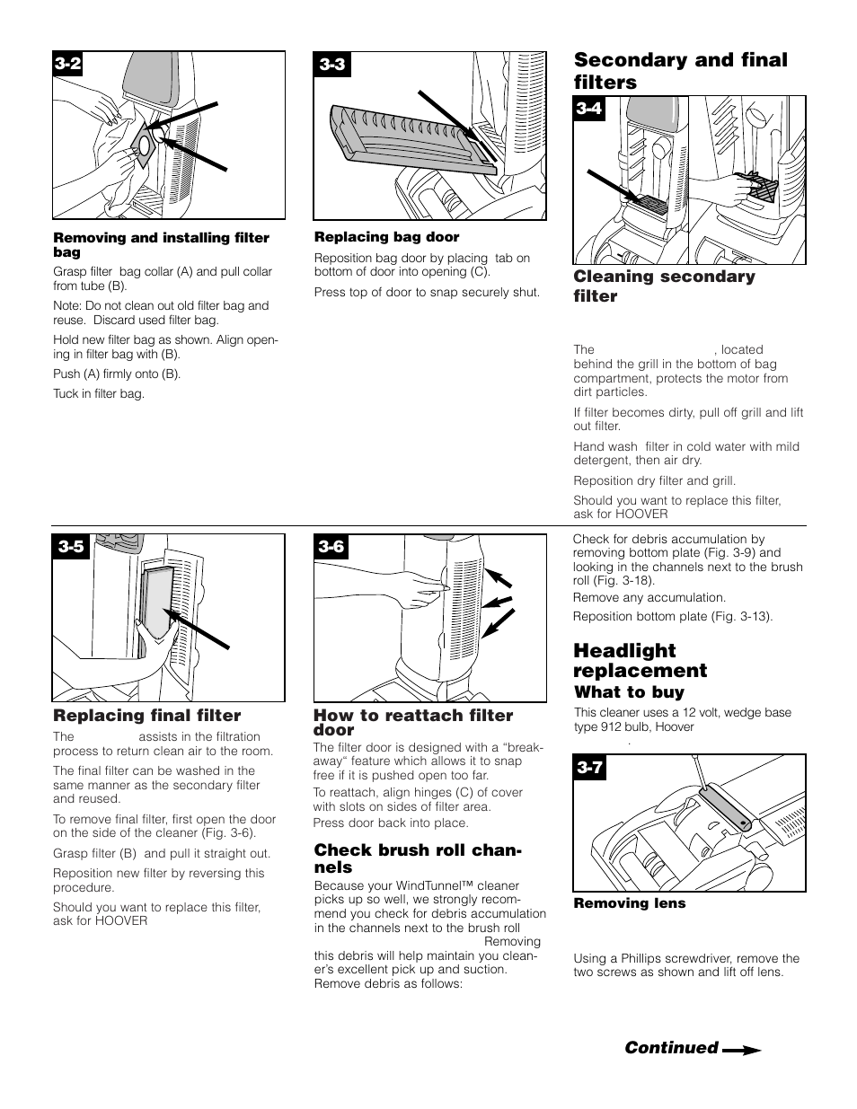 Secondary and final filters, Headlight replacement | Hoover WindTunnel Self-Propelled Powered Hand Tool User Manual | Page 9 / 32