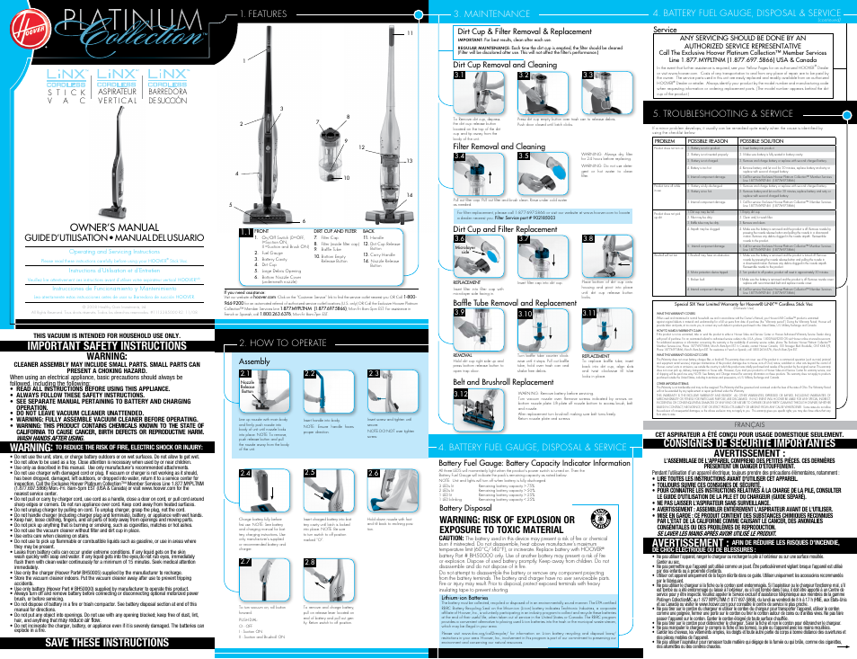 Hoover PLATINUM Cordless Stick Vac User Manual | 2 pages