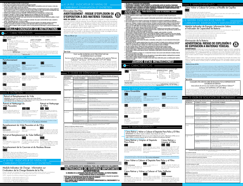 Instrucciones de seguridad importantes, Guarde estas instrucciones, Utilisation | Guide de dèpannage, Guía de solución de problemas, Advertencia, Entretien, Caractéristiques, Características, Mantenimiento | Hoover PLATINUM Cordless Stick Vac User Manual | Page 2 / 2