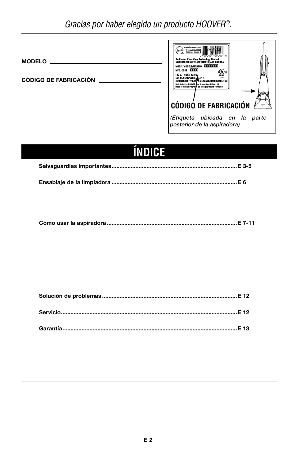 Índice, Gracias por haber elegido un producto hoover, Código de fabricación | Hoover E1 User Manual | Page 14 / 38