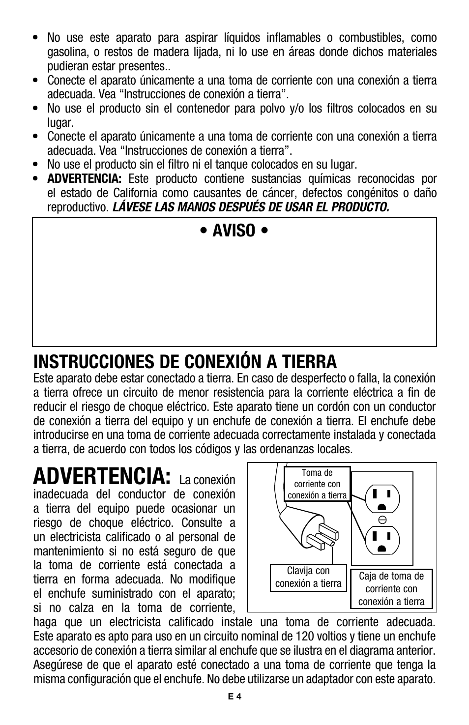 Advertencia, Instrucciones de conexión a tierra, Aviso | Hoover E1 User Manual | Page 16 / 38