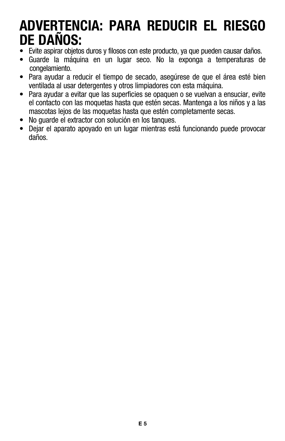 Advertencia: para reducir el riesgo de daños | Hoover E1 User Manual | Page 17 / 38