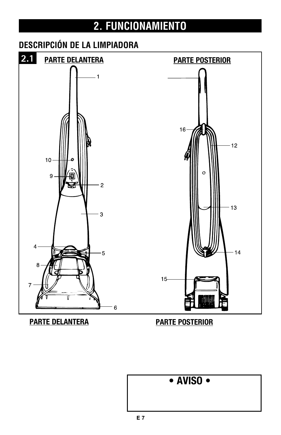 Funcionamiento, Aviso, Descripción de la limpiadora | Hoover E1 User Manual | Page 19 / 38