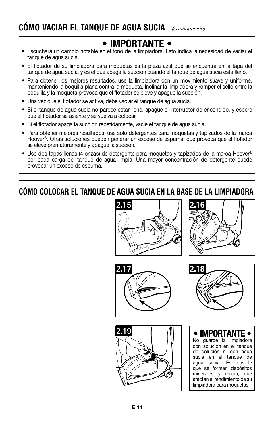Importante, Cómo vaciar el tanque de agua sucia | Hoover E1 User Manual | Page 23 / 38