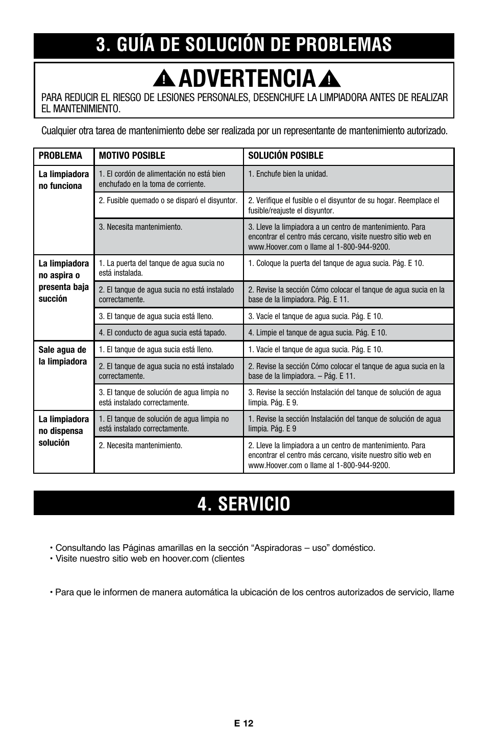 Advertencia, Guía de solución de problemas, Servicio | Hoover E1 User Manual | Page 24 / 38