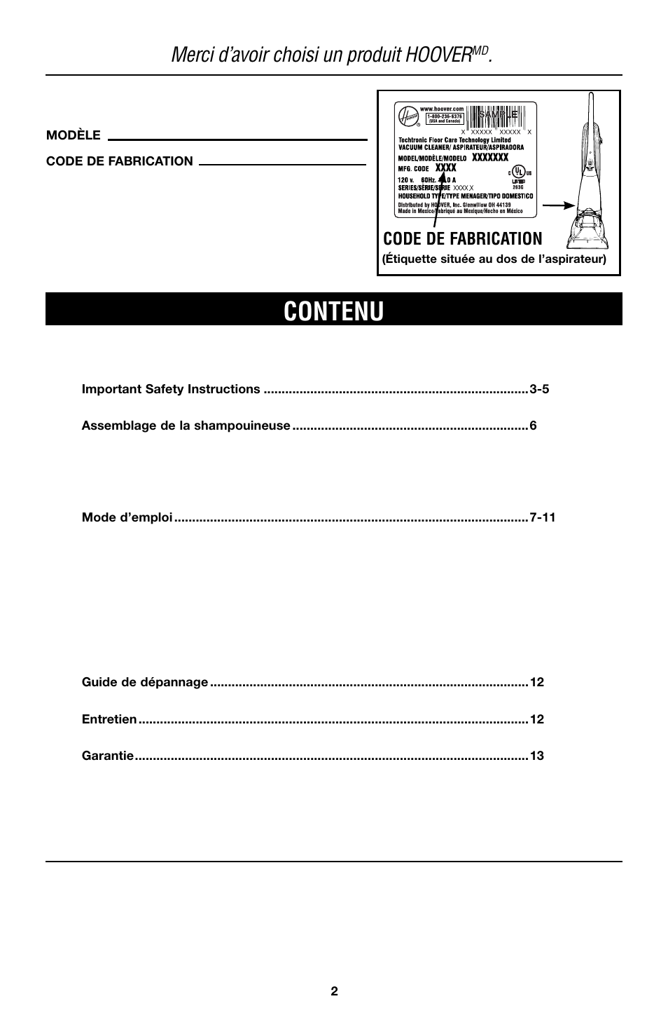 Contenu, Merci d’avoir choisi un produit hoover, Code de fabrication | Hoover E1 User Manual | Page 27 / 38