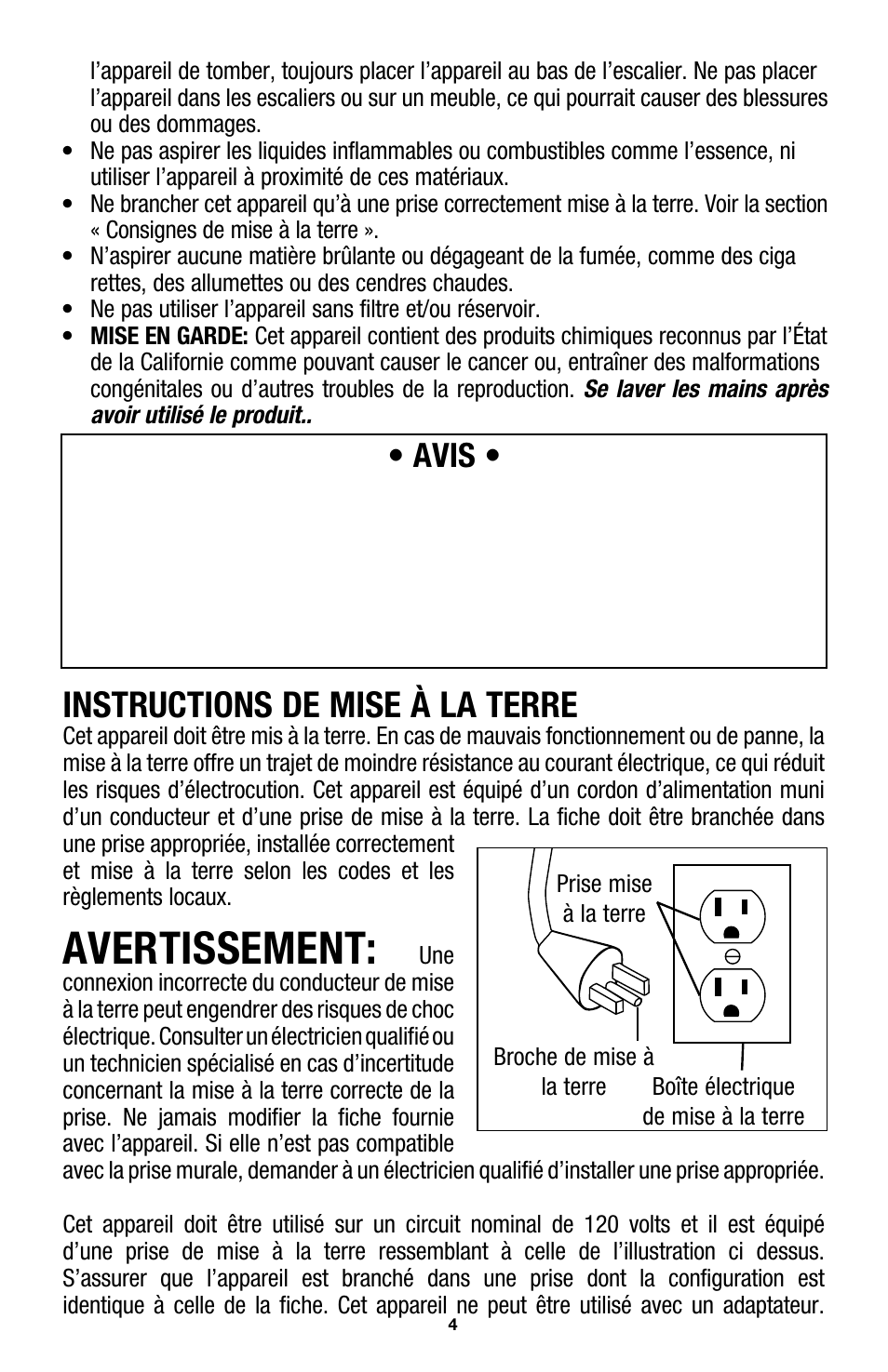 Avertissement, Instructions de mise à la terre, Avis | Hoover E1 User Manual | Page 29 / 38