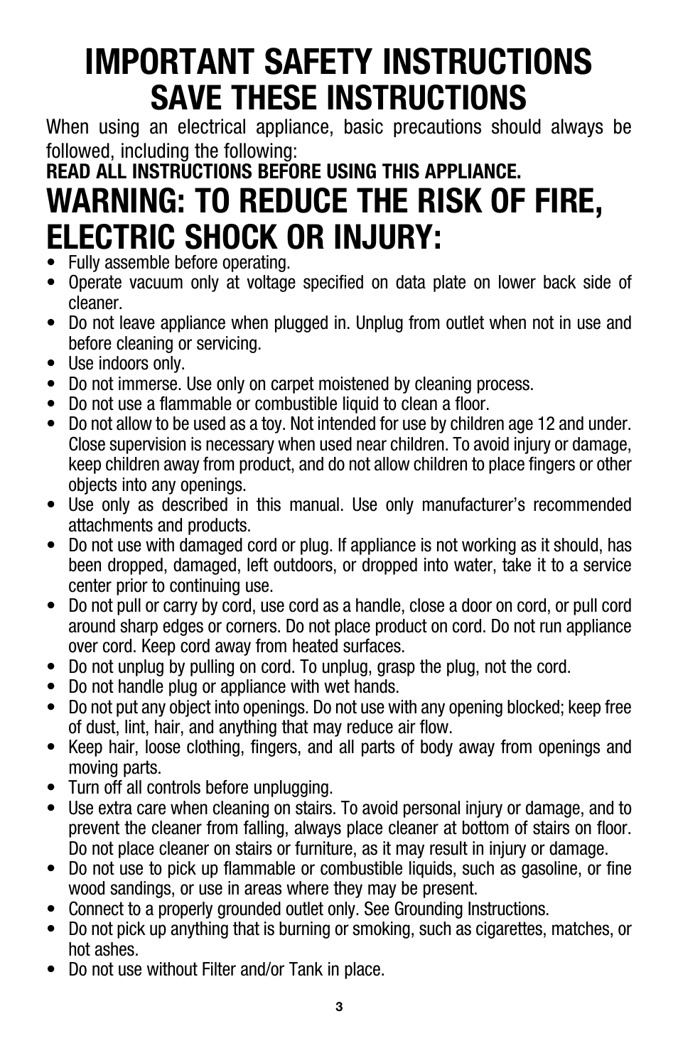 Important safety instructions, Save these instructions | Hoover E1 User Manual | Page 3 / 38