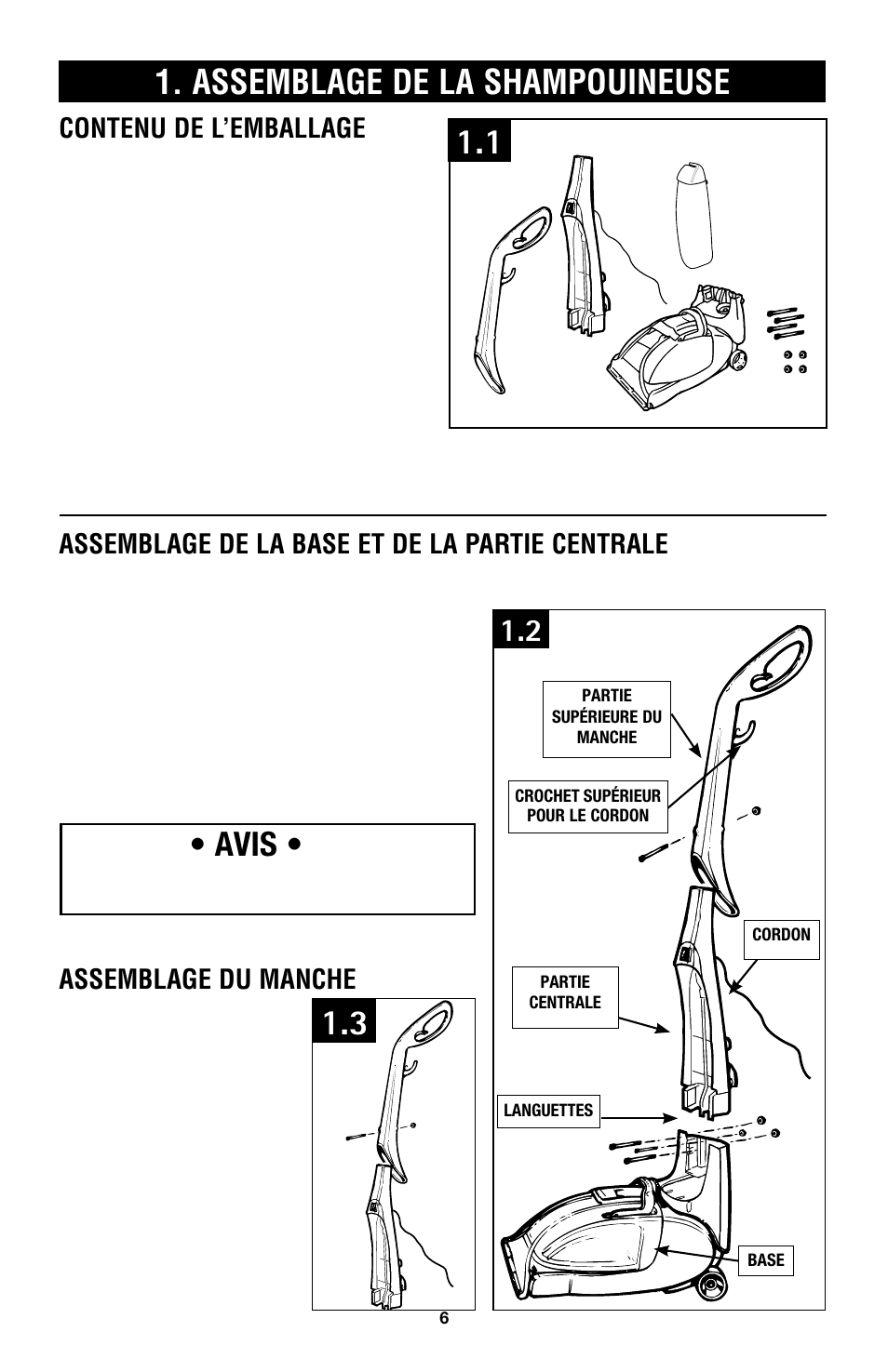 Vacuum assembly, Assemblage de la shampouineuse, Avis | Contenu de l’emballage | Hoover E1 User Manual | Page 31 / 38