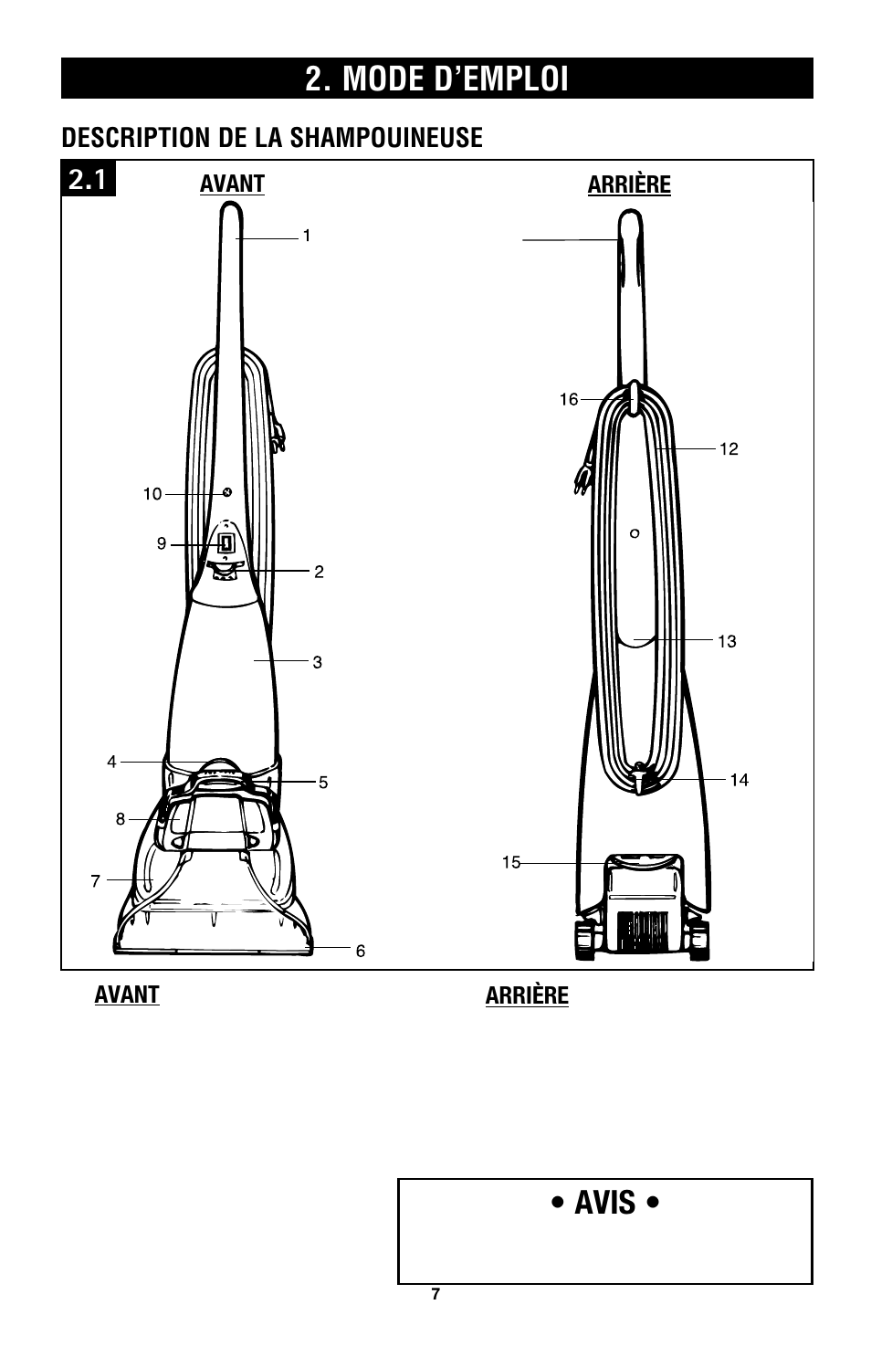 Mode d’emploi, Avis, Description de la shampouineuse | Hoover E1 User Manual | Page 32 / 38