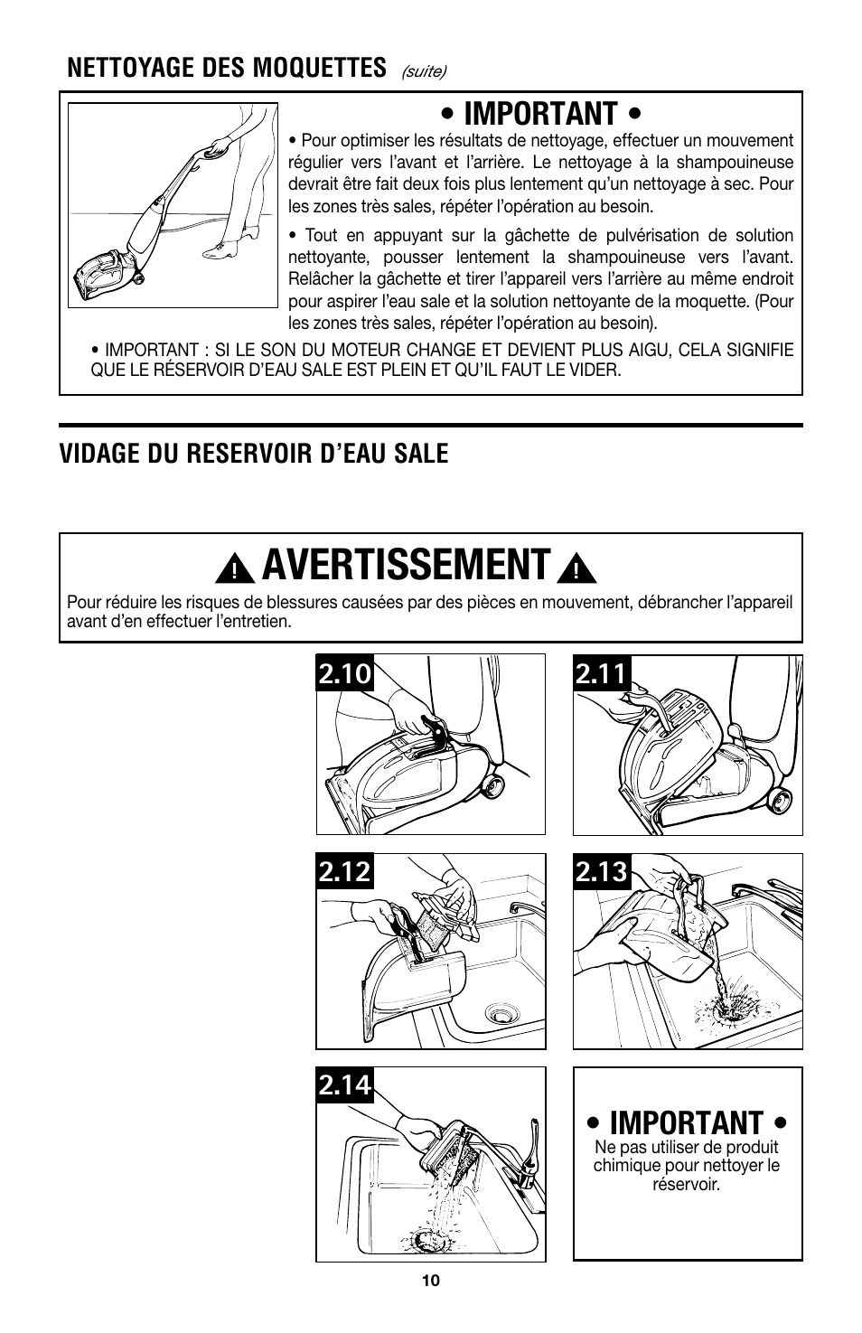 Avertissement, Important, Vidage du reservoir d’eau sale | Nettoyage des moquettes | Hoover E1 User Manual | Page 35 / 38