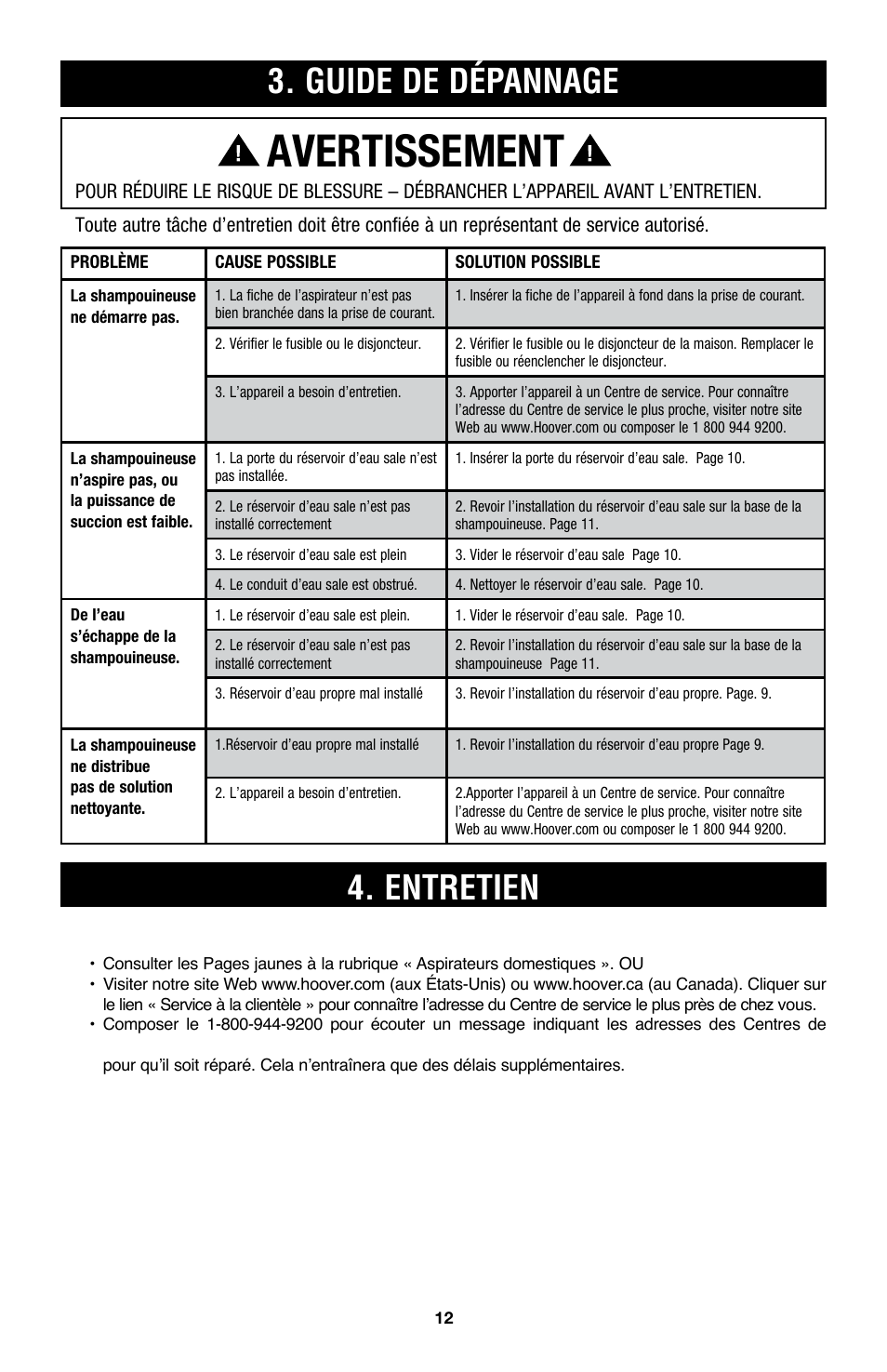 Avertissement, Guide de dépannage, Entretien | Hoover E1 User Manual | Page 37 / 38