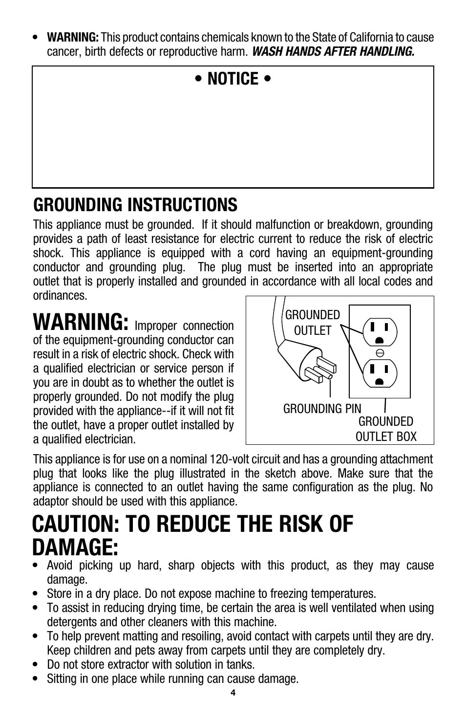 Caution: to reduce the risk of damage, Warning, Grounding instructions | Notice | Hoover E1 User Manual | Page 4 / 38