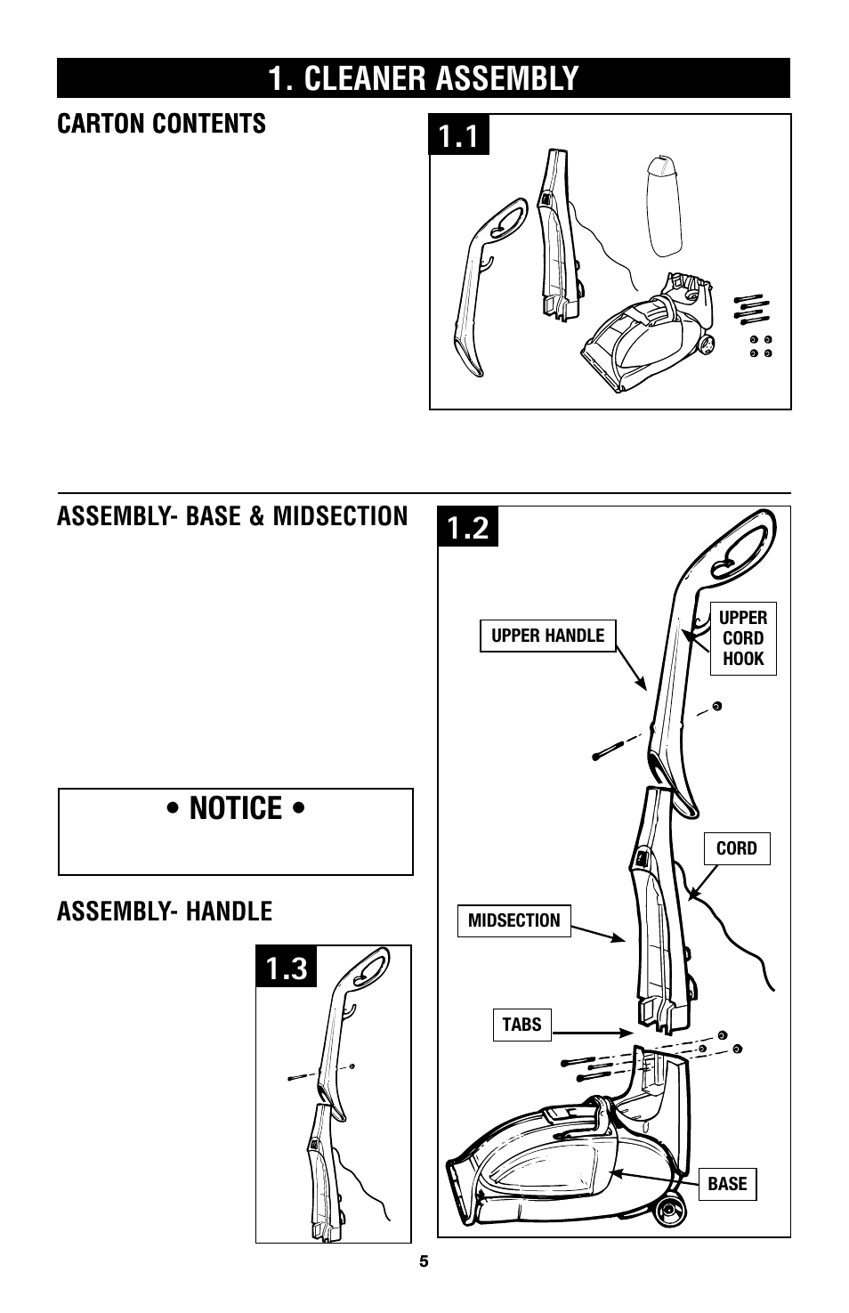 Vacuum assembly, Cleaner assembly, Notice | Carton contents | Hoover E1 User Manual | Page 5 / 38