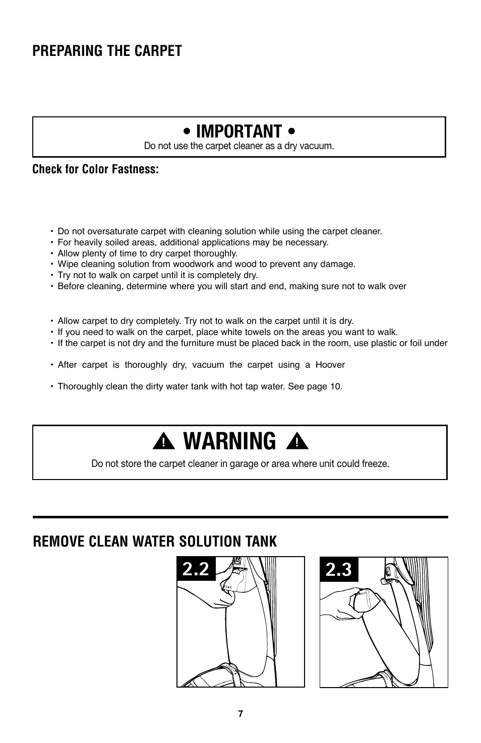 Warning, Important, Preparing the carpet | Remove clean water solution tank, Check for color fastness | Hoover E1 User Manual | Page 7 / 38
