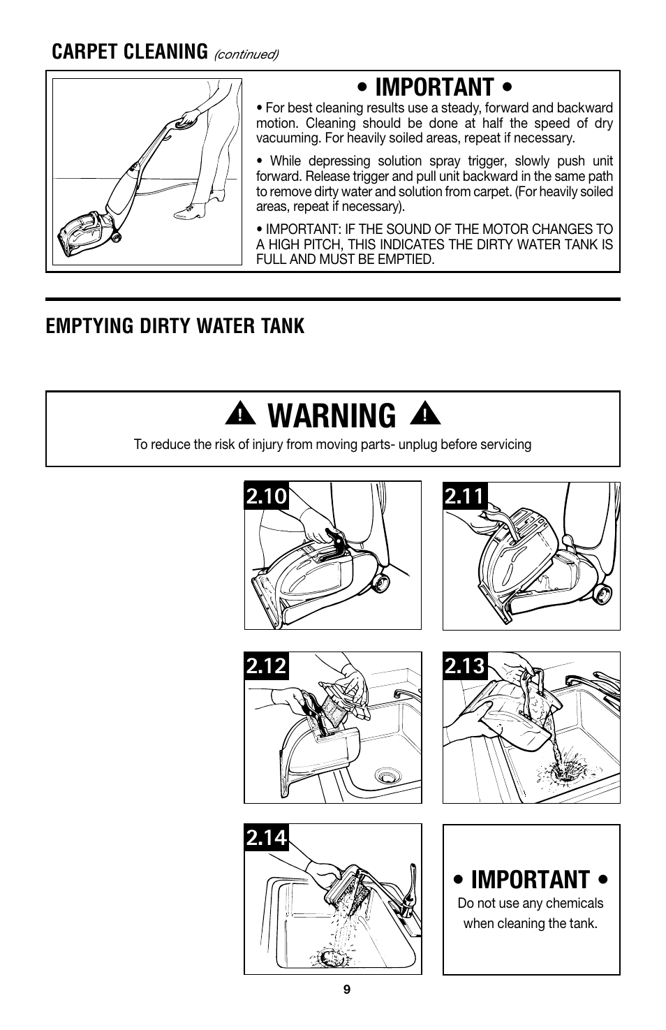 Warning, Important, Emptying dirty water tank | Carpet cleaning | Hoover E1 User Manual | Page 9 / 38