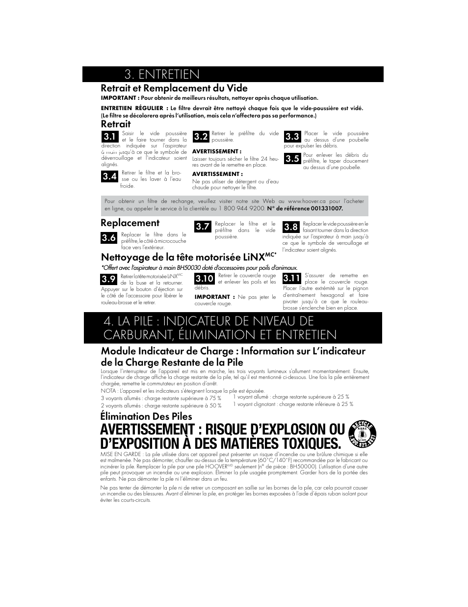 Entretien, Élimination des piles, Retrait et remplacement du vide | Retrait, Replacement, Nettoyage de la tête motorisée linx | Hoover BH50015 User Manual | Page 10 / 16