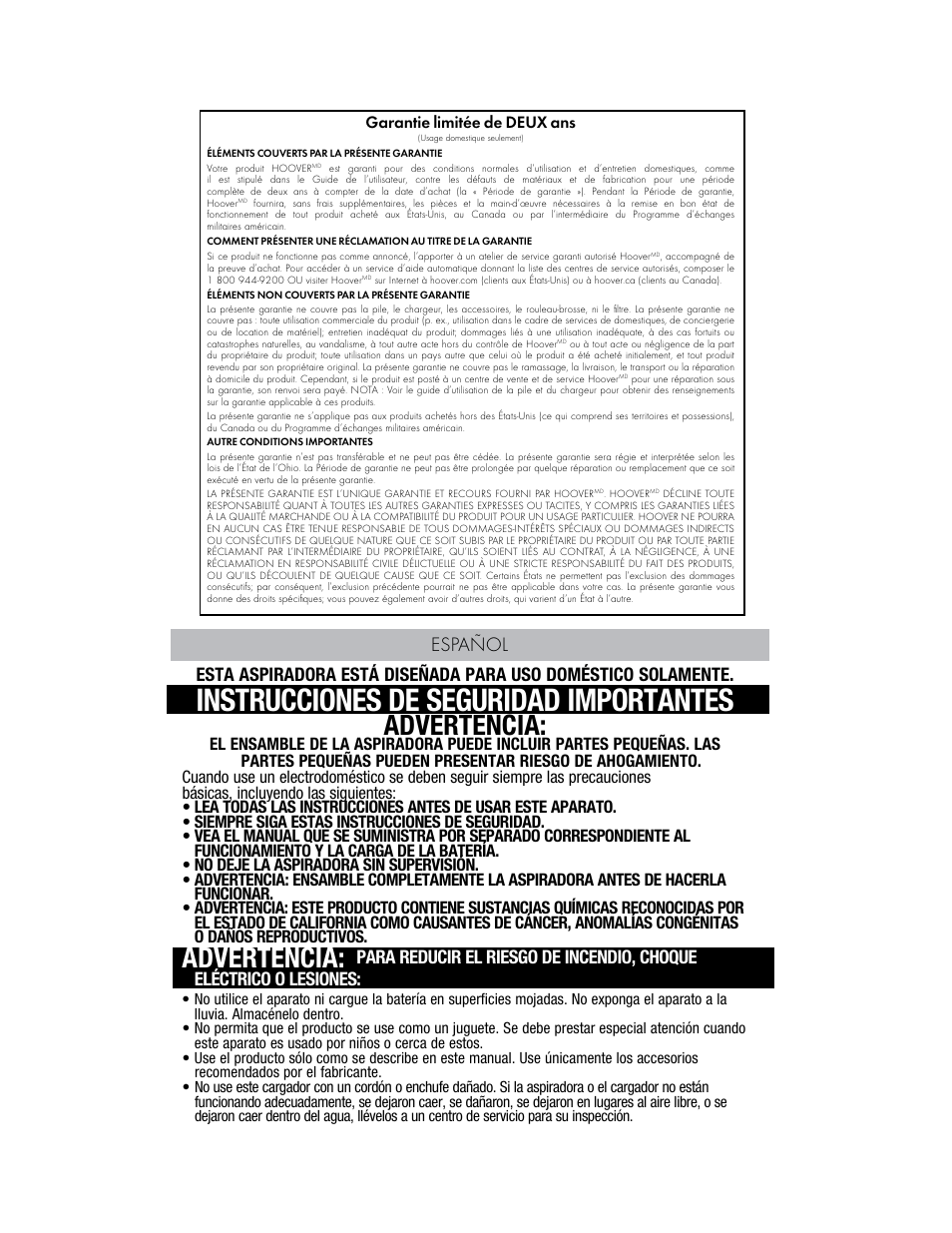 Instrucciones de seguridad importantes, Advertencia, Español | Garantie limitée de deux ans | Hoover BH50015 User Manual | Page 12 / 16