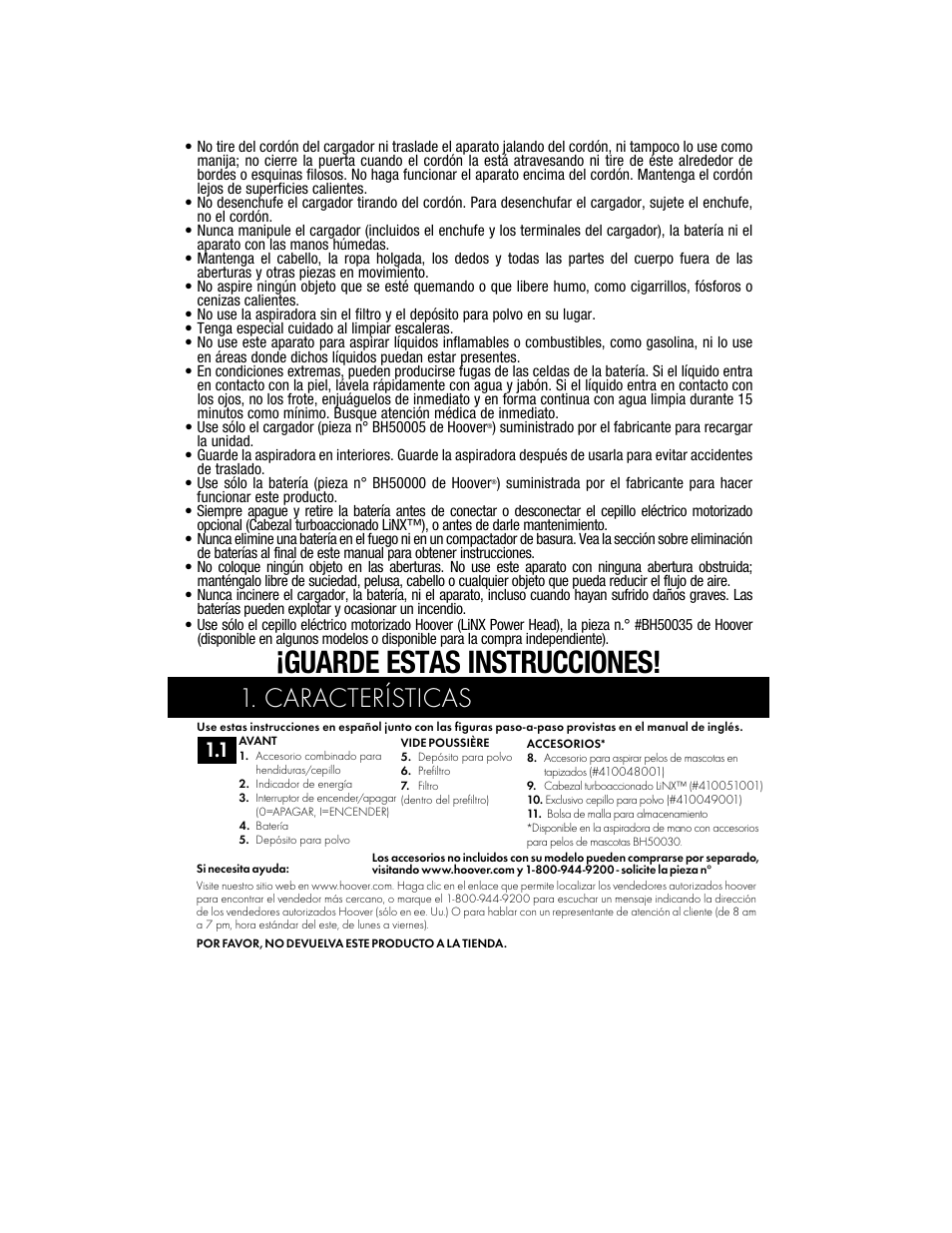 Guarde estas instrucciones, Características | Hoover BH50015 User Manual | Page 13 / 16