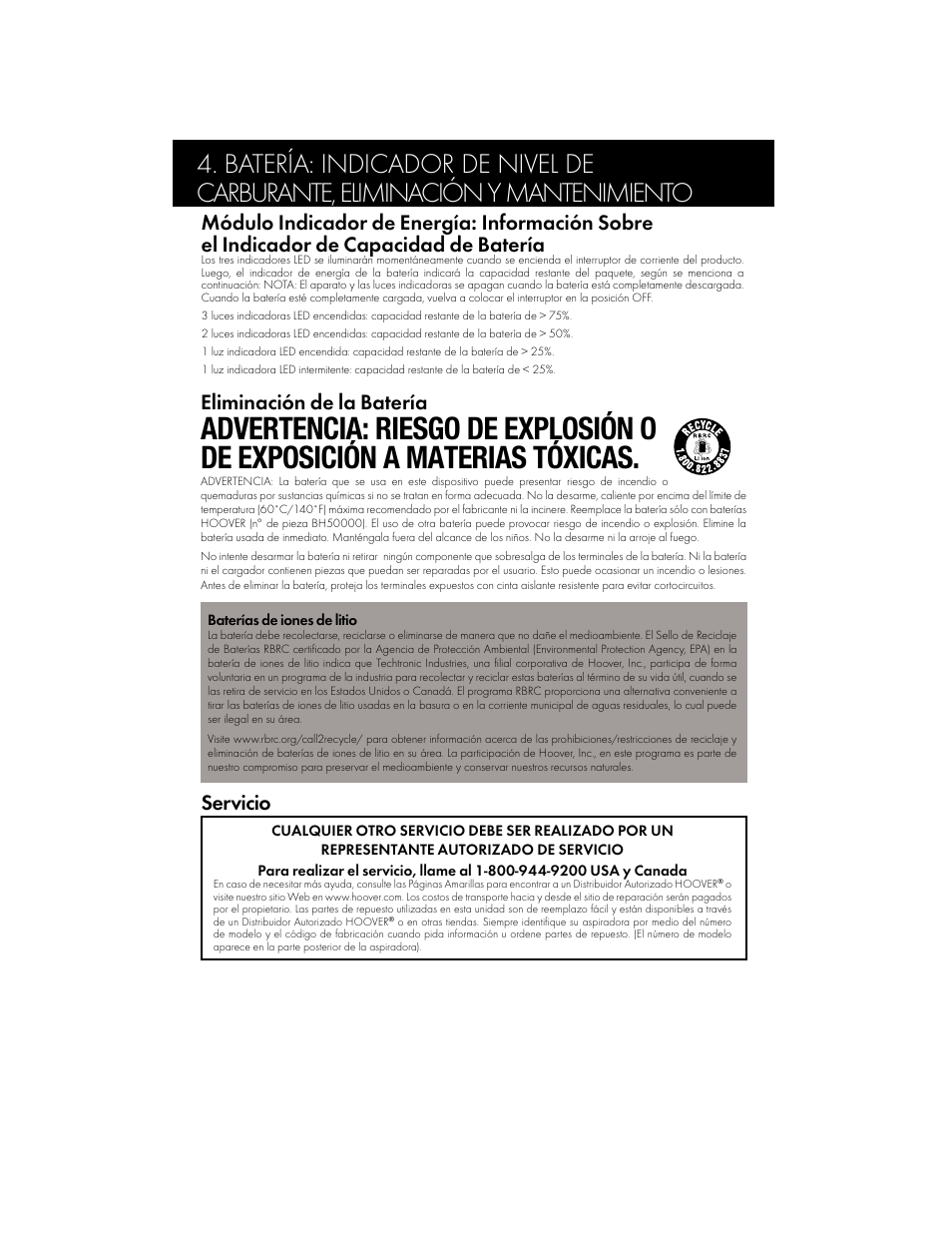 Servicio eliminación de la batería | Hoover BH50015 User Manual | Page 15 / 16