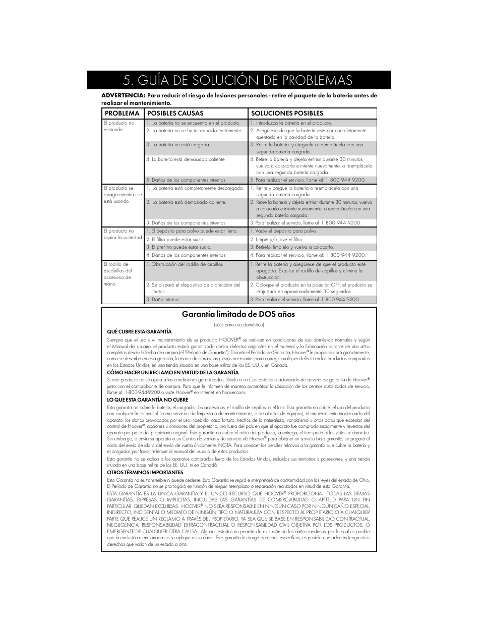 Guía de solución de problemas, Garantía limitada de dos años, Problema posibles causas soluciones posibles | Hoover BH50015 User Manual | Page 16 / 16