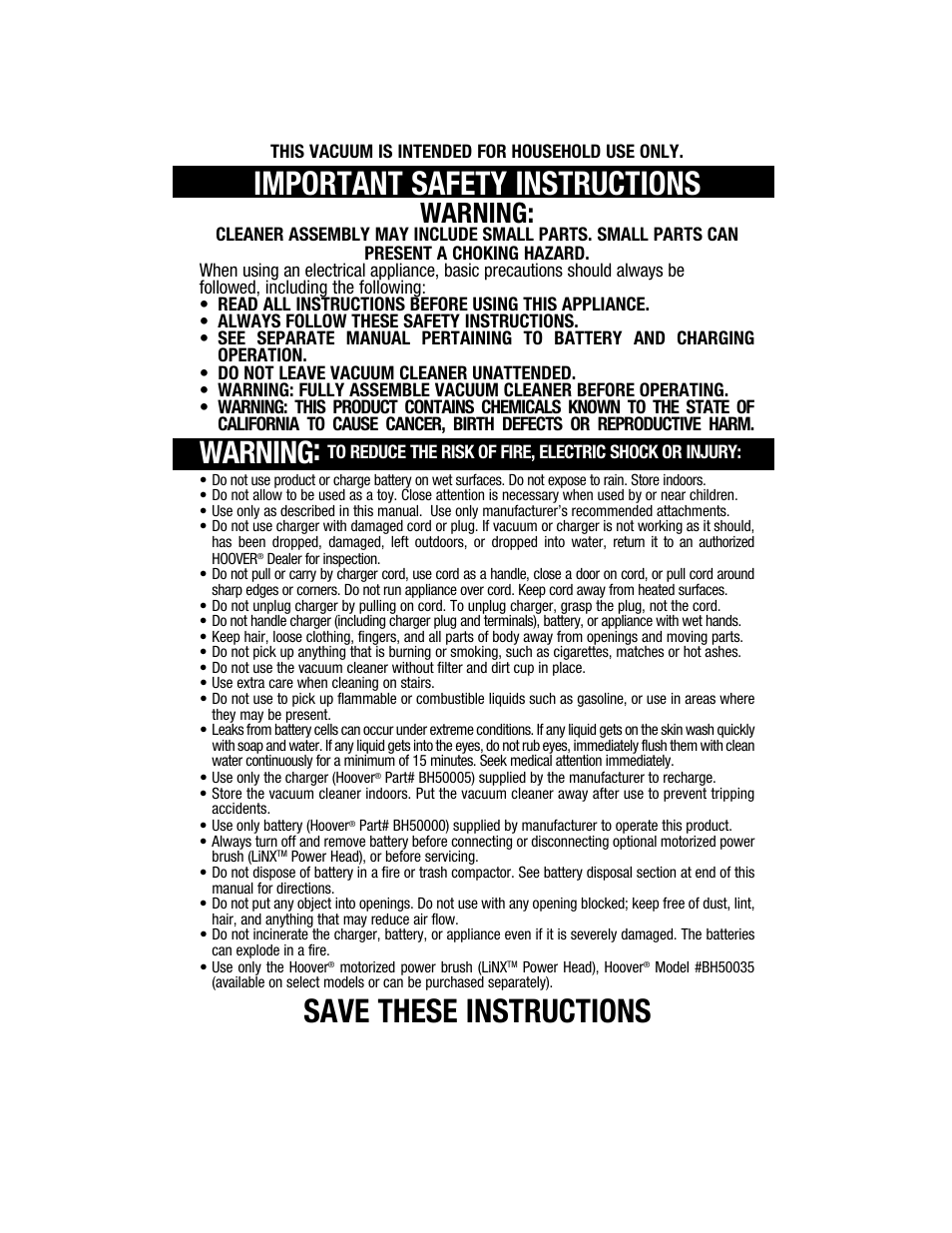 Important safety instructions, Save these instructions, Warning | Hoover BH50015 User Manual | Page 2 / 16