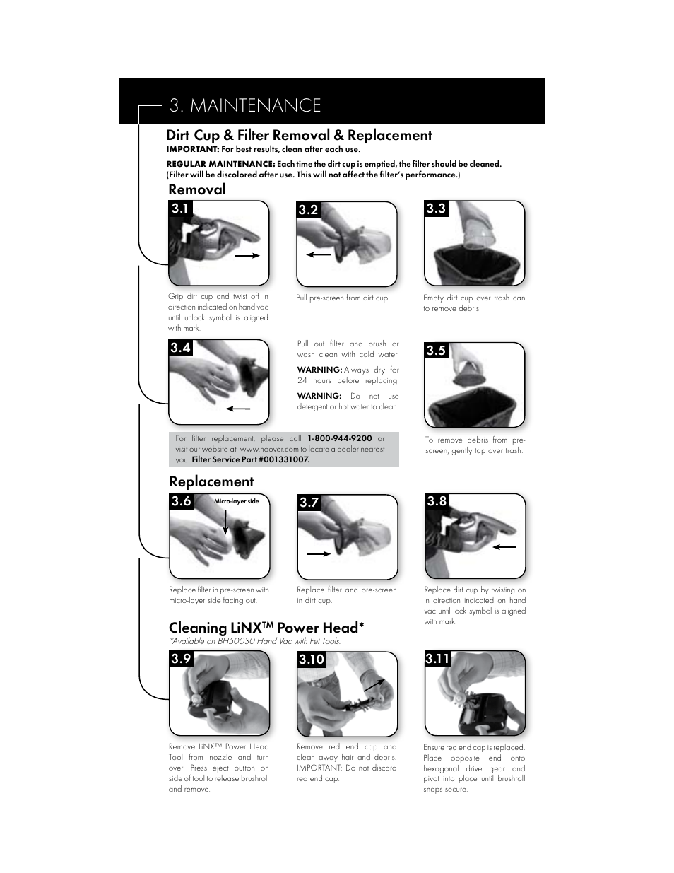 Maintenance, Dirt cup & filter removal & replacement, Removal | Replacement, Cleaning linx, Power head | Hoover BH50015 User Manual | Page 5 / 16