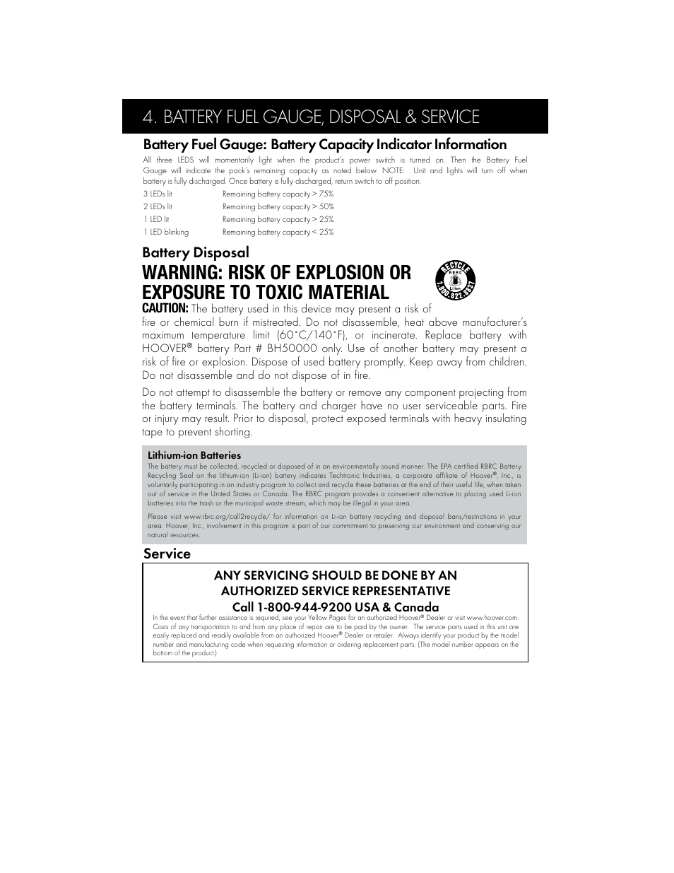 Battery fuel gauge, disposal & service, Battery disposal, Service | Caution | Hoover BH50015 User Manual | Page 6 / 16