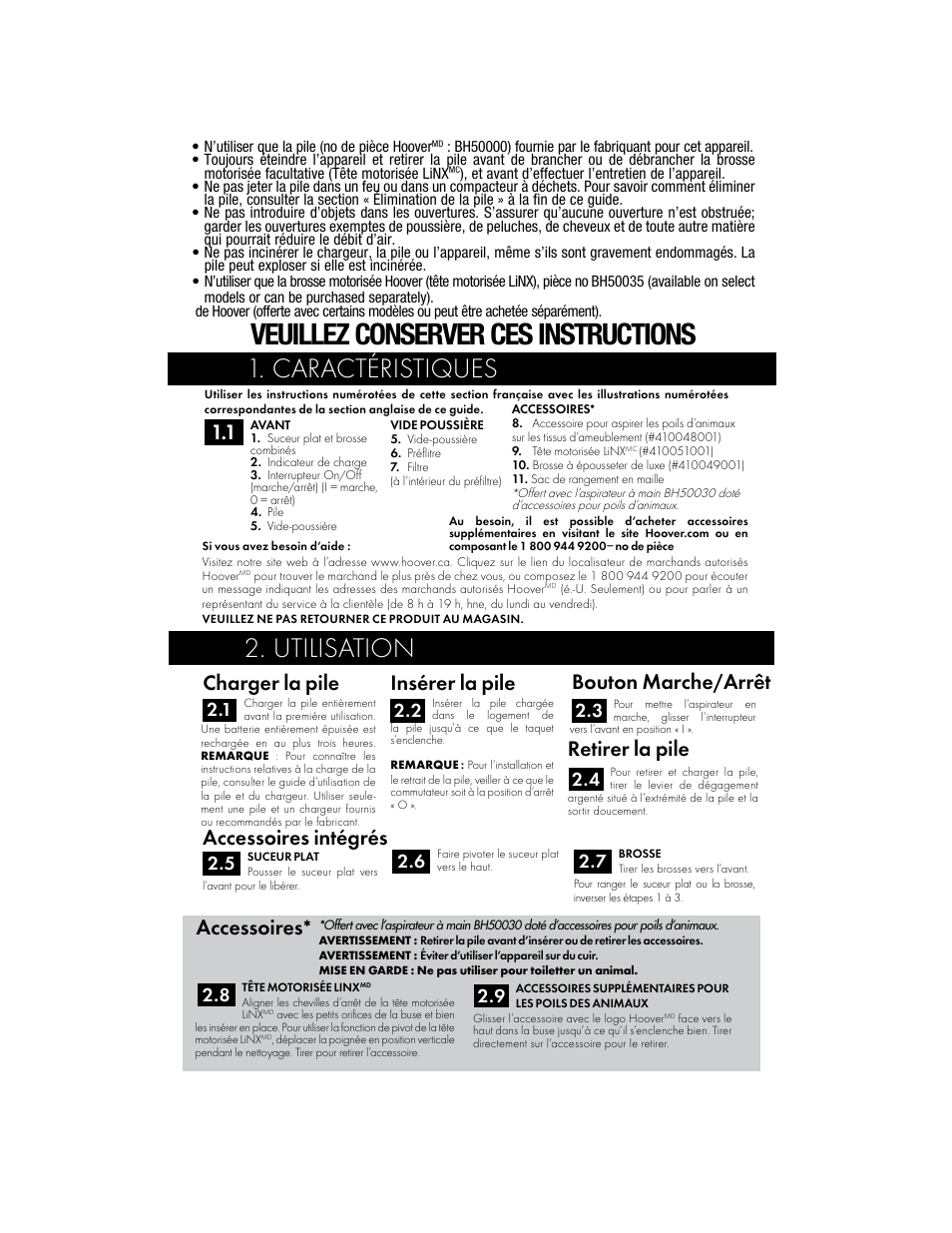 Veuillez conserver ces instructions, Utilisation, Caractéristiques | Charger la pile, Insérer la pile, Bouton marche/arrêt, Retirer la pile, Accessoires intégrés, Accessoires | Hoover BH50015 User Manual | Page 9 / 16