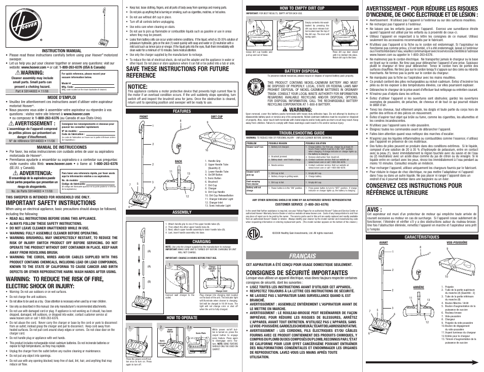 Hoover 59144003 User Manual | 2 pages