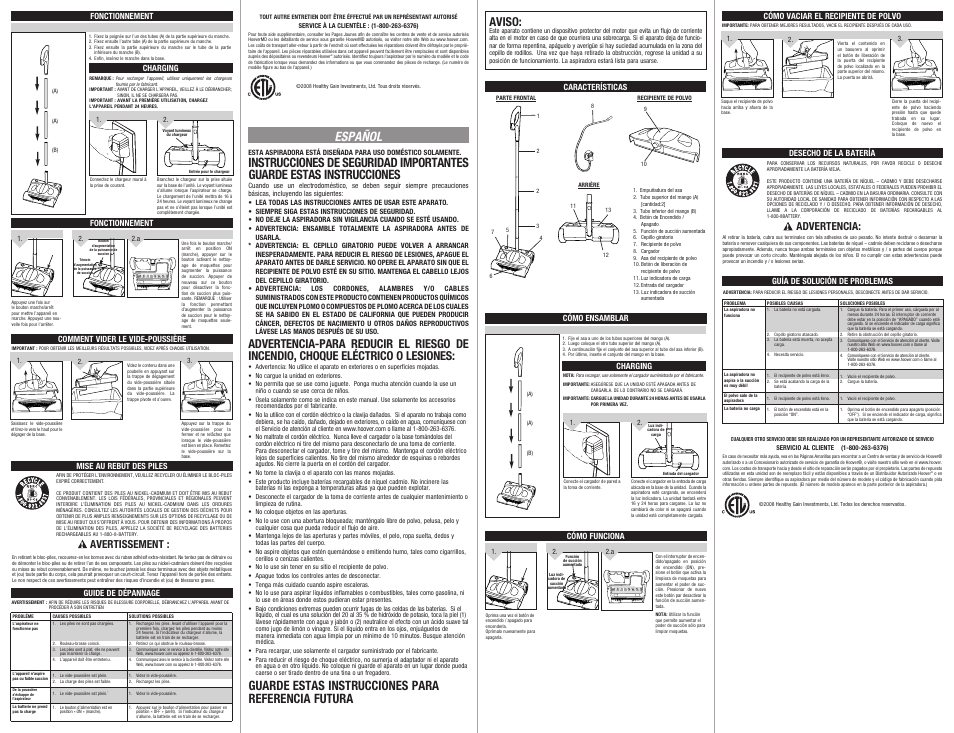 Español aviso, Guarde estas instrucciones para referencia futura, Avertissement | Advertencia | Hoover 59144003 User Manual | Page 2 / 2