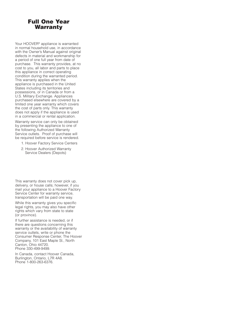 Full one year warranty (domestic use) | Hoover Upright Bagless Vacuum Cleane User Manual | Page 14 / 15
