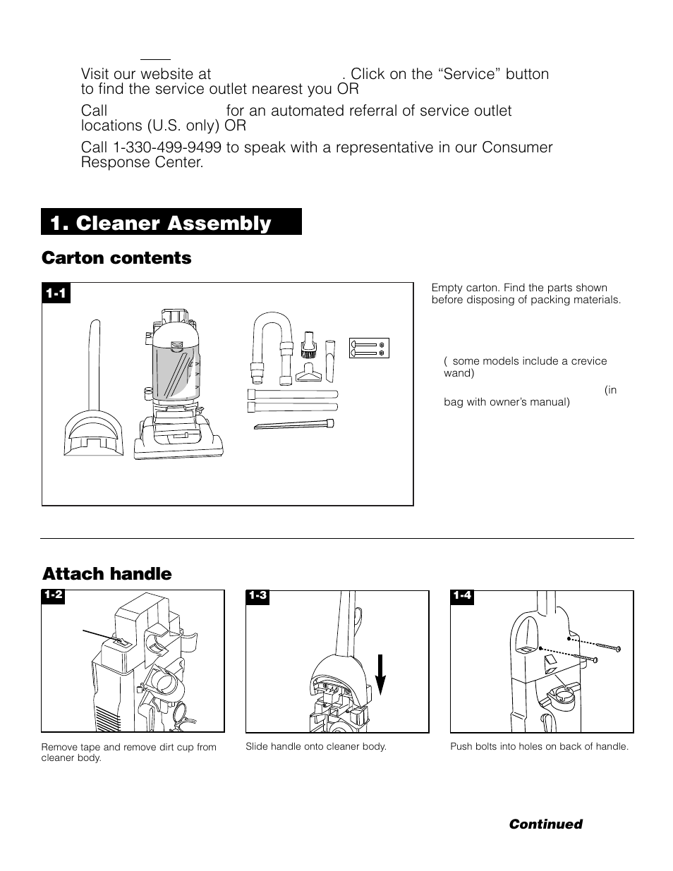 Cleaner assembly, If you need any assistance, Carton contents | Attach handle | Hoover Upright Bagless Vacuum Cleane User Manual | Page 3 / 15