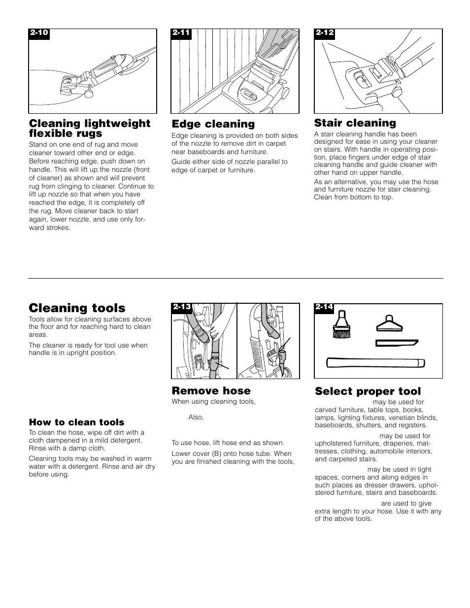 Cleaning tools, Cleaning lightweight flexible rugs, Edge cleaning | Select proper tool, Stair cleaning, Remove hose | Hoover Upright Bagless Vacuum Cleane User Manual | Page 7 / 15