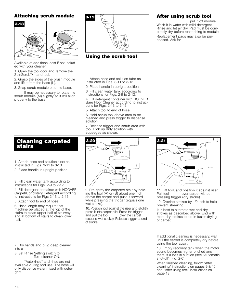 Cleaning carpeted stairs, Attaching scrub module, Using the scrub tool | After using scrub tool | Hoover Deep Cleaner with Auto Rinse SteamVacuum User Manual | Page 14 / 17