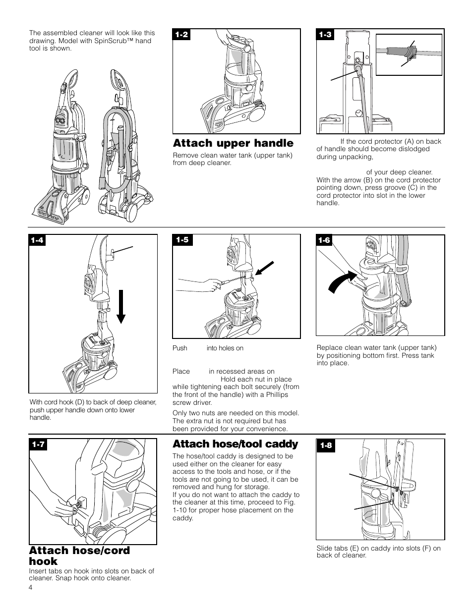 Attach hose/cord hook, Attach upper handle, Attach hose/tool caddy | Hoover Deep Cleaner with Auto Rinse SteamVacuum User Manual | Page 4 / 17