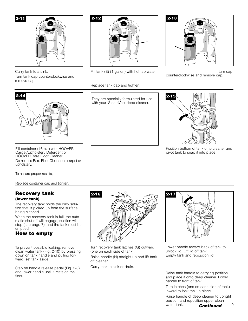 Recovery tank, How to empty | Hoover Deep Cleaner with Auto Rinse SteamVacuum User Manual | Page 9 / 17