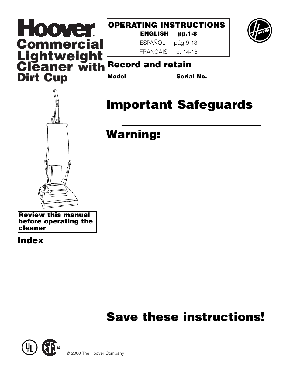 Hoover Commercial Lightweight Cleaner with Dirt Cup User Manual | 8 pages