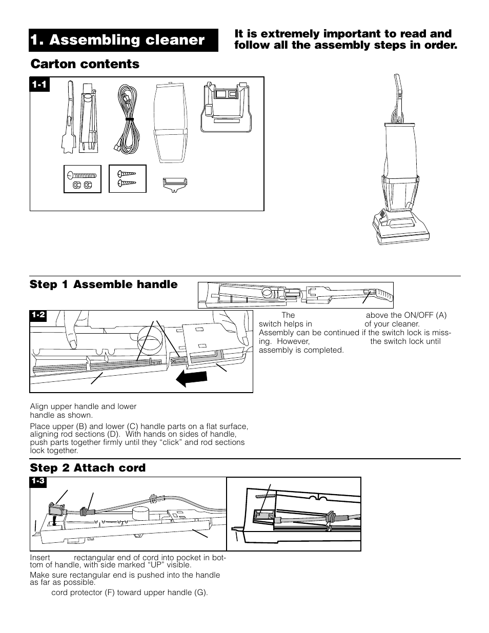 Assembling cleaner, Carton contents, Step 2 attach cord | Step 1 assemble handle | Hoover Commercial Lightweight Cleaner with Dirt Cup User Manual | Page 2 / 8