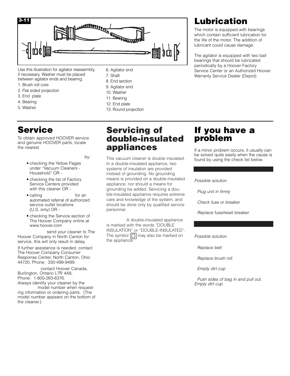 Servicing of double-insulated appliances, Service, Lubrication | If you have a problem | Hoover Commercial Lightweight Cleaner with Dirt Cup User Manual | Page 7 / 8