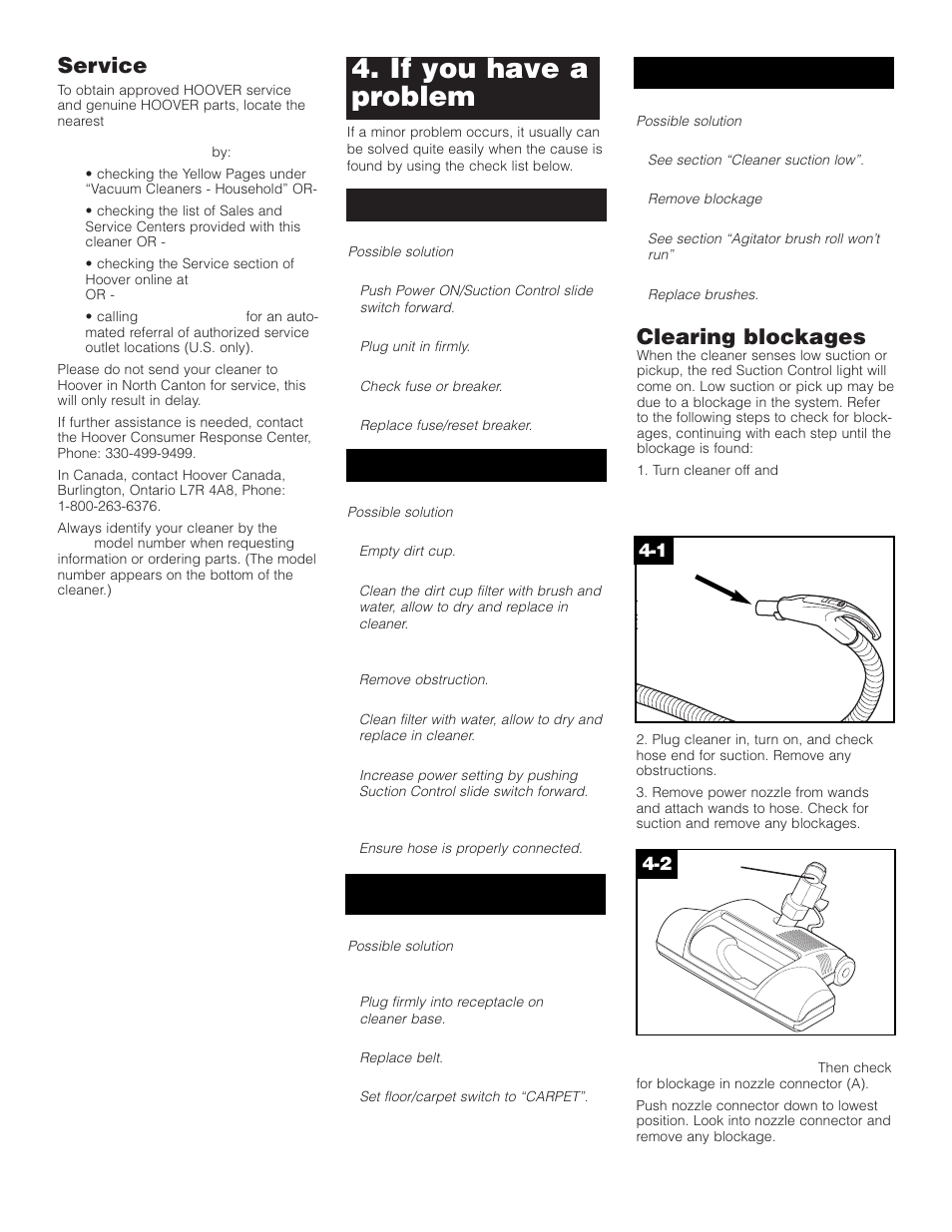 If you have a problem, Clearing blockages, Service | Hoover S3755050 User Manual | Page 10 / 11