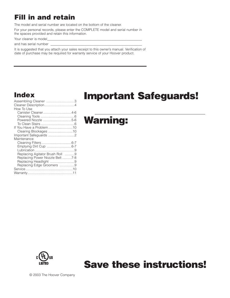 Important safeguards, Warning, Save these instructions | Fill in and retain, Index | Hoover S3755050 User Manual | Page 2 / 11