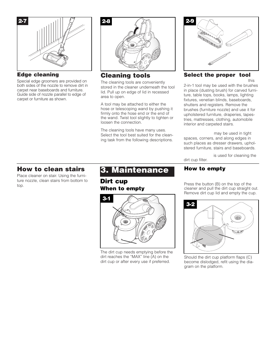 Maintenance, How to clean stairs, Cleaning tools | Dirt cup | Hoover S3755050 User Manual | Page 6 / 11