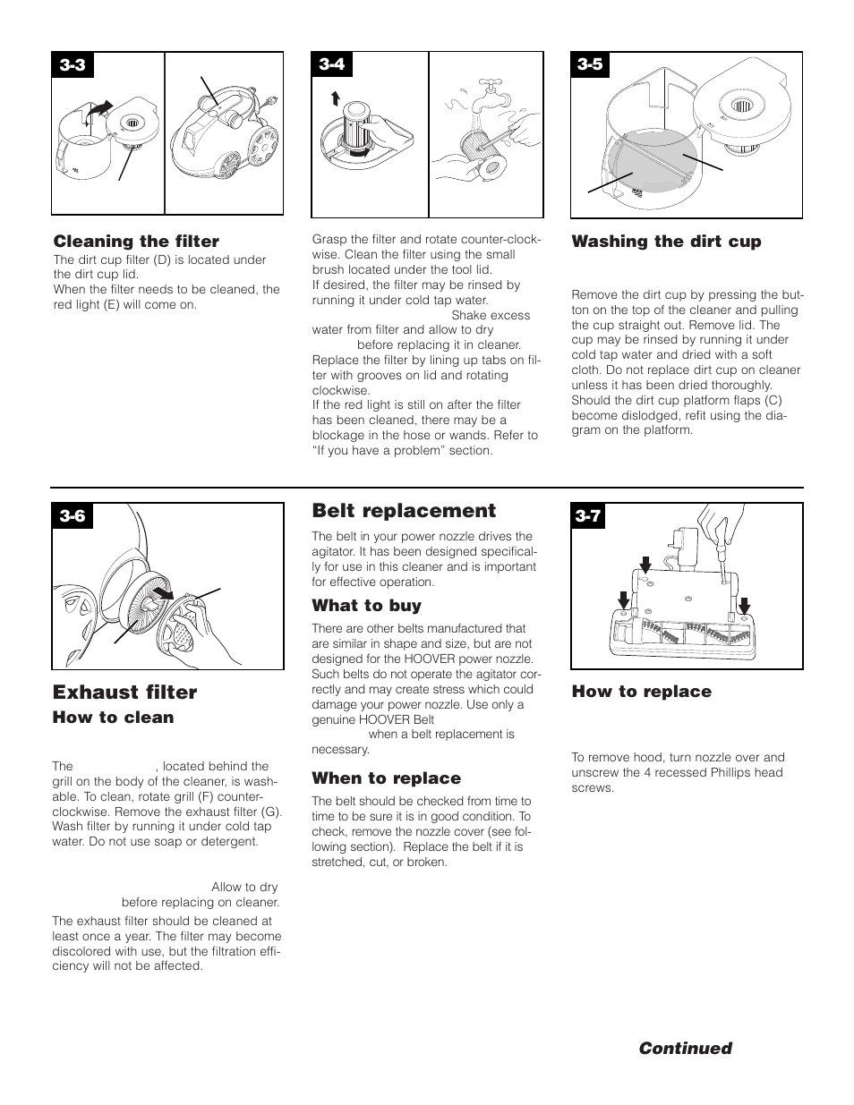 Exhaust filter, Belt replacement | Hoover S3755050 User Manual | Page 7 / 11