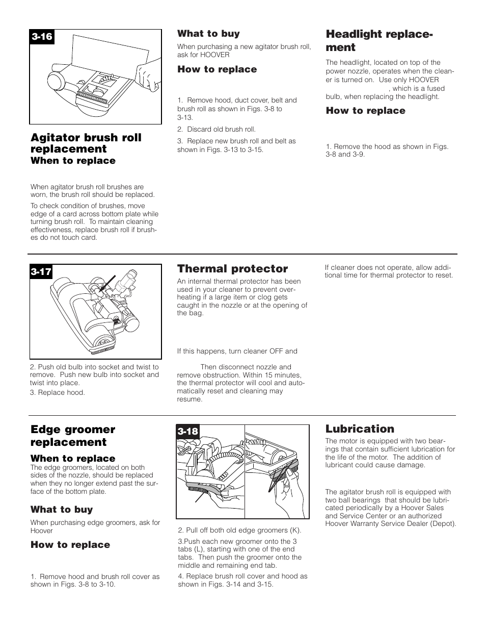 Agitator brush roll replacement, Headlight replace- ment, Edge groomer replacement | Lubrication, Thermal protector | Hoover S3755050 User Manual | Page 9 / 11