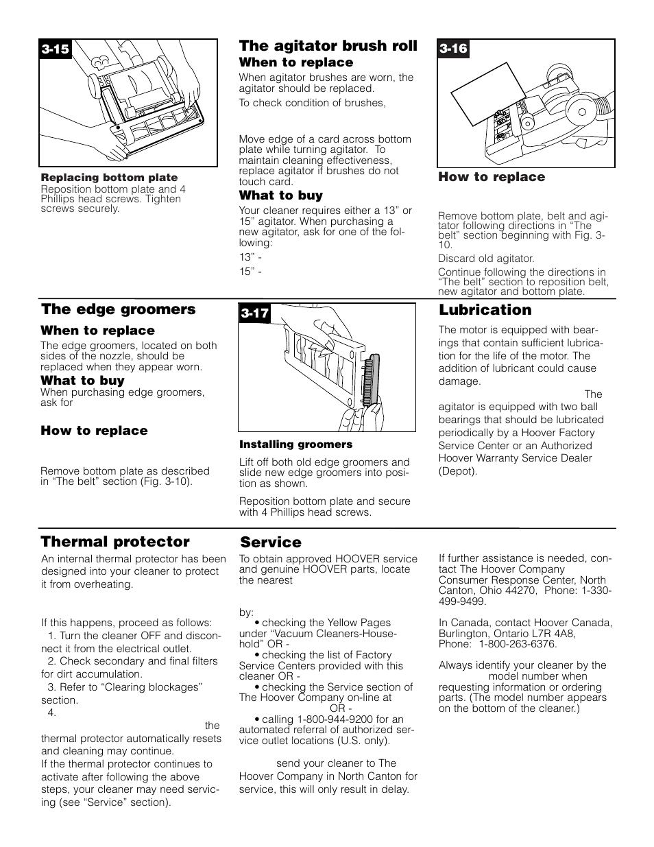 The agitator brush roll the edge groomers, Lubrication, Thermal protector | Service | Hoover WindTunnel vacuum cleaner User Manual | Page 11 / 12