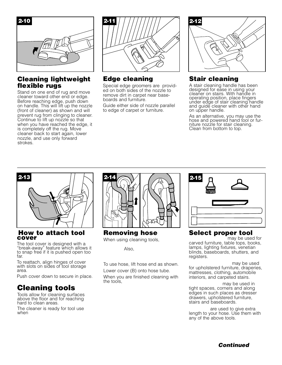 Cleaning tools, Cleaning lightweight flexible rugs, Edge cleaning | Stair cleaning, How to attach tool cover, Removing hose, Select proper tool | Hoover WindTunnel vacuum cleaner User Manual | Page 7 / 12