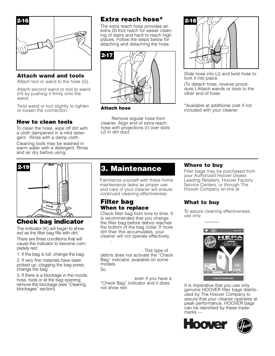 Maintenance, Filter bag, Check bag indicator | Extra reach hose | Hoover WindTunnel vacuum cleaner User Manual | Page 8 / 12